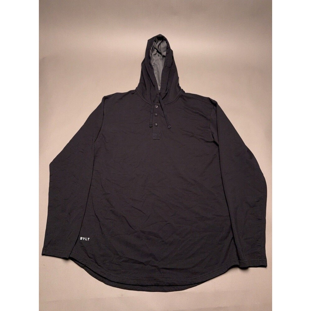 BYLT Hoodie Mens Large Black Henley Hooded Premium Tagless Breathable Drop Cut